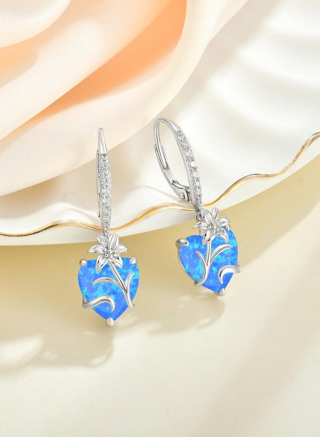 واي أل أقراط متدلية على شكل قلب من الفضة الإسترليني للنساء، أقراط على شكل زهرة الزنبق مع مشبك خلفي، مجوهرات زهرة من الأوبال الأزرق الصناعي - Image 4