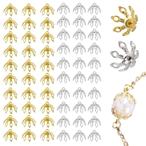 MARRTEUM 60 Pieces Flower Bead End Caps Toppers for Jewelry Findings MARRTEUM Jewelry Making 7 Prong Bell Bead Cap Bail End with Loops for DIY Craft Earrings Bracelets Necklaces Ornament Pendant - Image 1