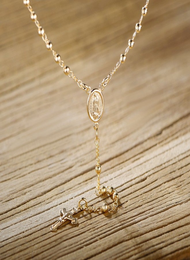 Barzel 18K Gold Plated Virgin Mary Rosary Bead Cross Necklace - Made In Brazil (24 Inches) - Image 4