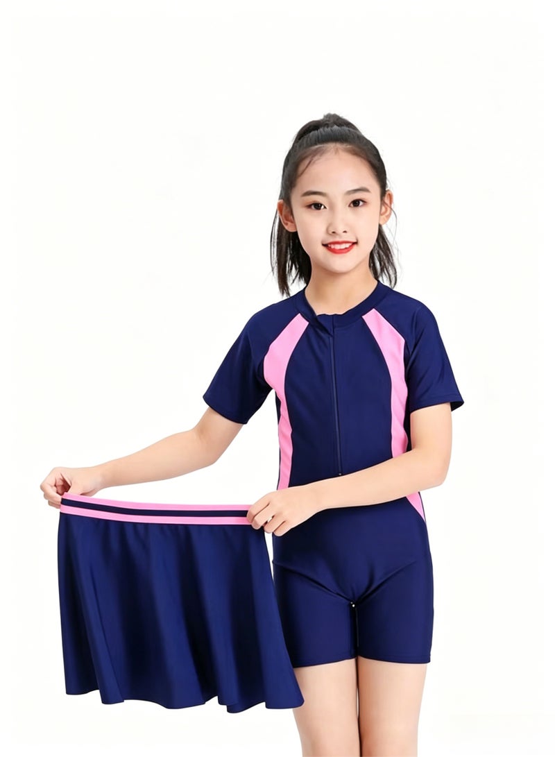 BESTPEAK Two-Piece Little Girls' Rash Guard Swimsuits, Breathable Quick Dry Short Sleeve Swimming Shirts With Swimming Skirts, UV Protection Kids Girls' Bathing Suit, Stretch Swimwear Athletic Beach Sport Swimwear Surfing Swimwear for Diving, Swimming or Beach activities - Image 1