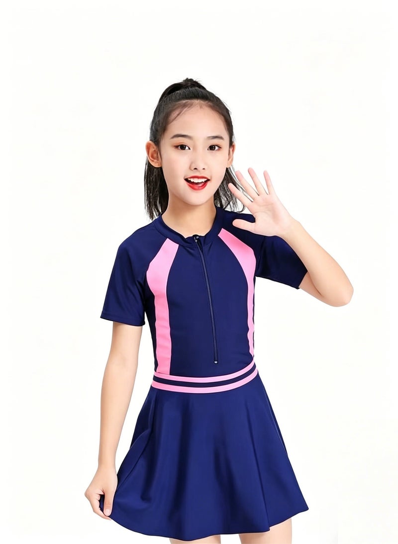 BESTPEAK Two-Piece Little Girls' Rash Guard Swimsuits, Breathable Quick Dry Short Sleeve Swimming Shirts With Swimming Skirts, UV Protection Kids Girls' Bathing Suit, Stretch Swimwear Athletic Beach Sport Swimwear Surfing Swimwear for Diving, Swimming or Beach activities - Image 2