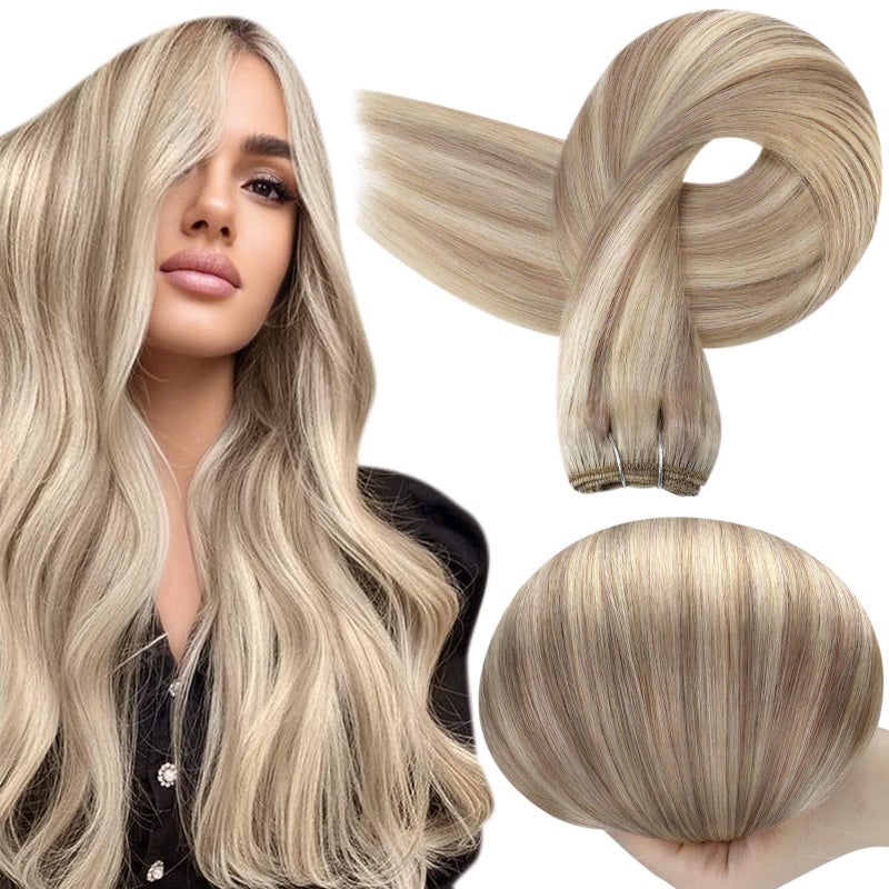 Full Shine Weft Hair Extensions Human Hair 18 Inch Straight Remy Highlight Color Ash Blonde Mix Bleach Blonde Sew in Hair Extensions Double Weft Full Head Weave Hair 105 Grams - Image 1