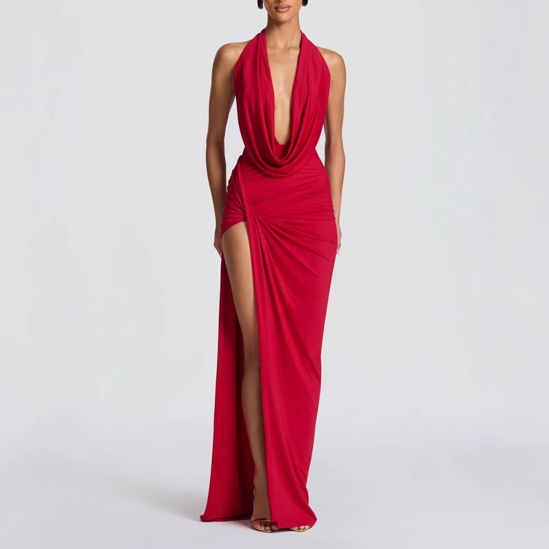2026 New Style Halter Neck Low-Cut Waist-Cinching Side Slit Solid Color Bodycon Long Dress - Image 5