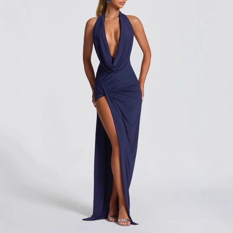 2026 New Style Halter Neck Low-Cut Waist-Cinching Side Slit Solid Color Bodycon Long Dress - Image 2