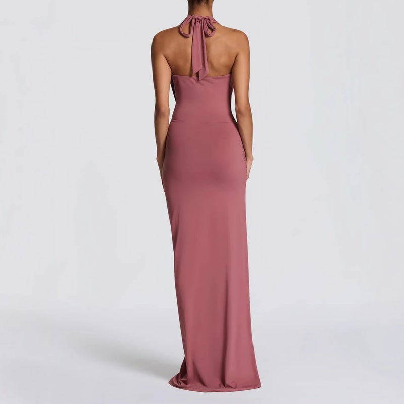 2026 New Style Halter Neck Low-Cut Waist-Cinching Side Slit Solid Color Bodycon Long Dress - Image 4