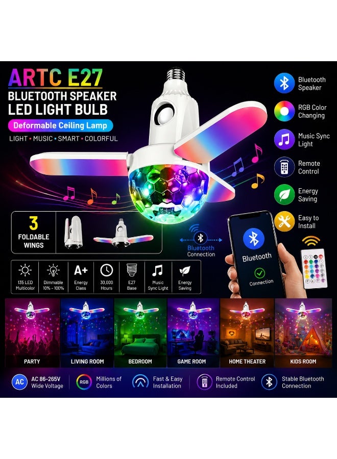 مصباح سقف ذكي E27 ثلاثي الأجنحة قابل للتشكيل مزود بمكبر صوت بلوتوث من ARTC ، وإضاءة LED متغيرة الألوان RGB، ومزامنة مع الموسيقى، وجهاز تحكم عن بعد، مثالي للحفلات، والمنزل، وغرف النوم، والتخييم، والديكورات الخارجية والحدائق. - Image 1
