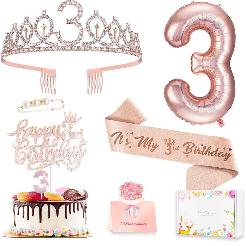 Awfrky 3rd Birthday Decorations for Girls Including 3 year old Birthday Cake Topper Queen Sash with Pearl Pin Sweet Rhinestone Tiara Crown Number Candles and Balloons Set Rose Gold - Image 2