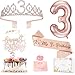 Awfrky 3rd Birthday Decorations for Girls Including 3 year old Birthday Cake Topper Queen Sash with Pearl Pin Sweet Rhinestone Tiara Crown Number Candles and Balloons Set Rose Gold - Image 3