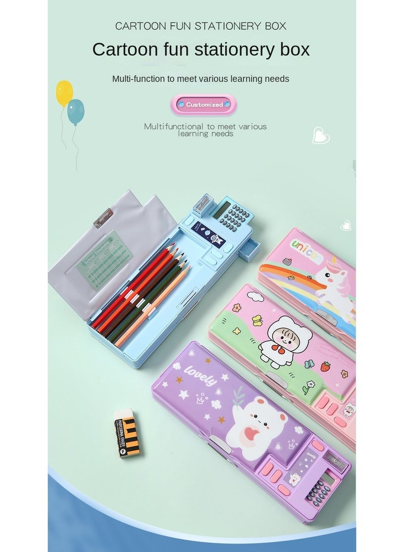 Loquat Creative Multi-functional Plastic Stationery Box for Primary School Students Double-sided Magnetic Pencil Calculator Sharpener (Pink, Unicorn) - Image 3