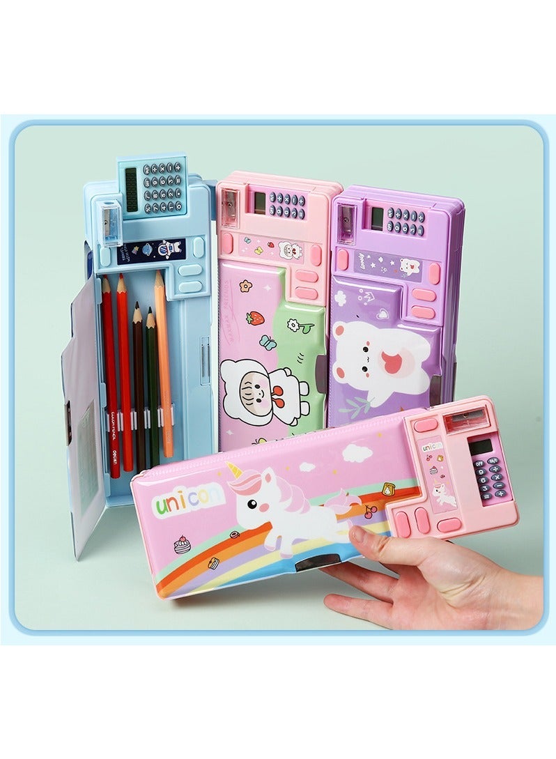 Loquat Creative Multi-functional Plastic Stationery Box for Primary School Students Double-sided Magnetic Pencil Calculator Sharpener (Pink, Unicorn) - Image 2