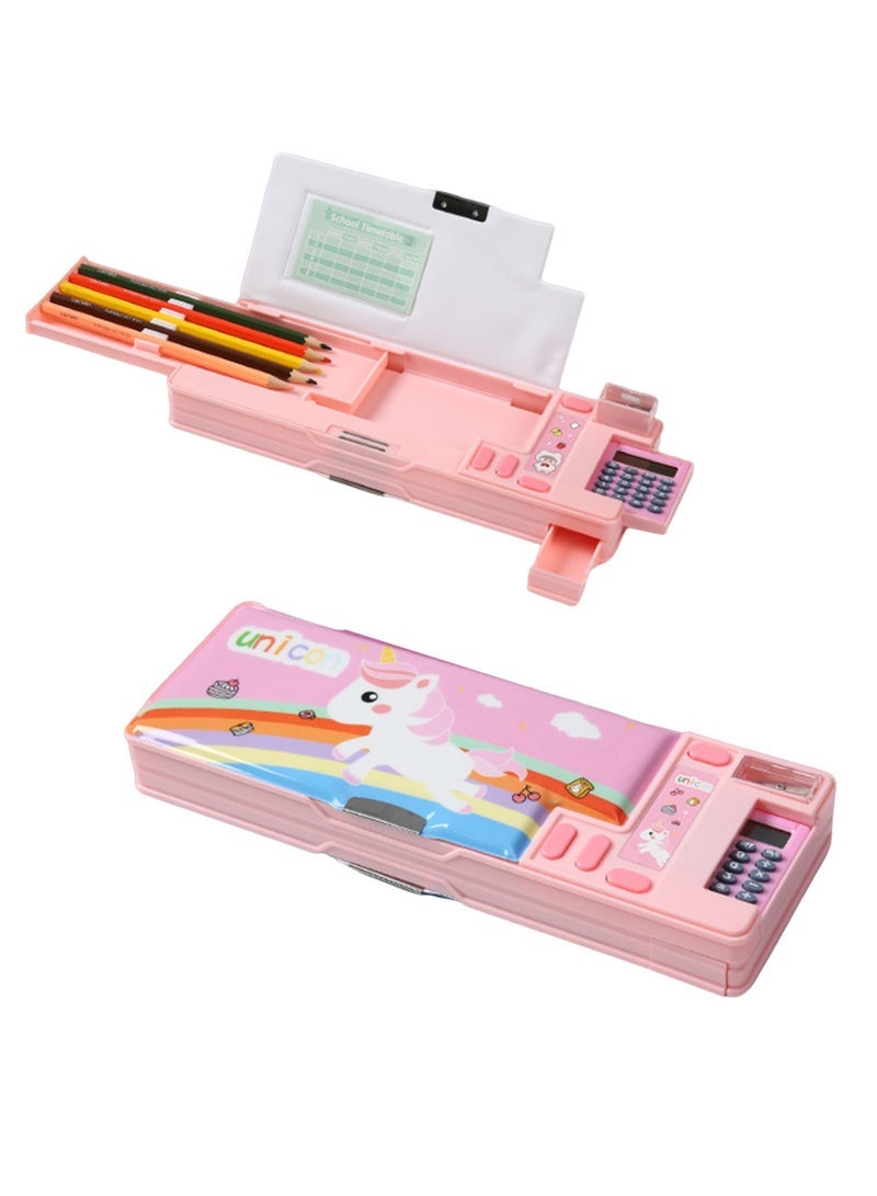 Loquat Creative Multi-functional Plastic Stationery Box for Primary School Students Double-sided Magnetic Pencil Calculator Sharpener (Pink, Unicorn) - Image 1