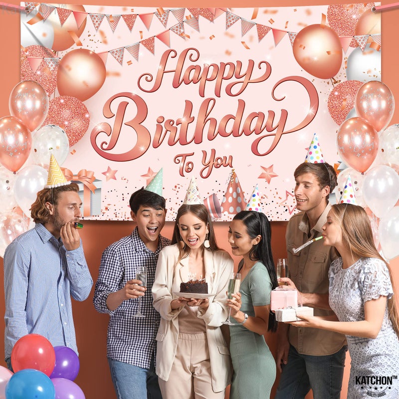 KatchOn  XtraLarge RoseGold Happy Birthday Banner - 72x44 Inch | RoseGold Happy Birthday Backdrop | Happy Birthday Backdrop for Birthday Decorations for Girls | Happy Birthday Sign for Backdrop - Image 3