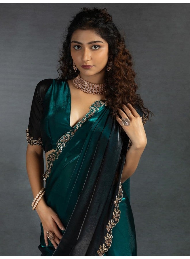 saree mall ساري مول ساري حرير ساتان أخضر مزرق مع قطعة بلوزة غير مخيطة (MORPNKH1161B_MK) - Image 5