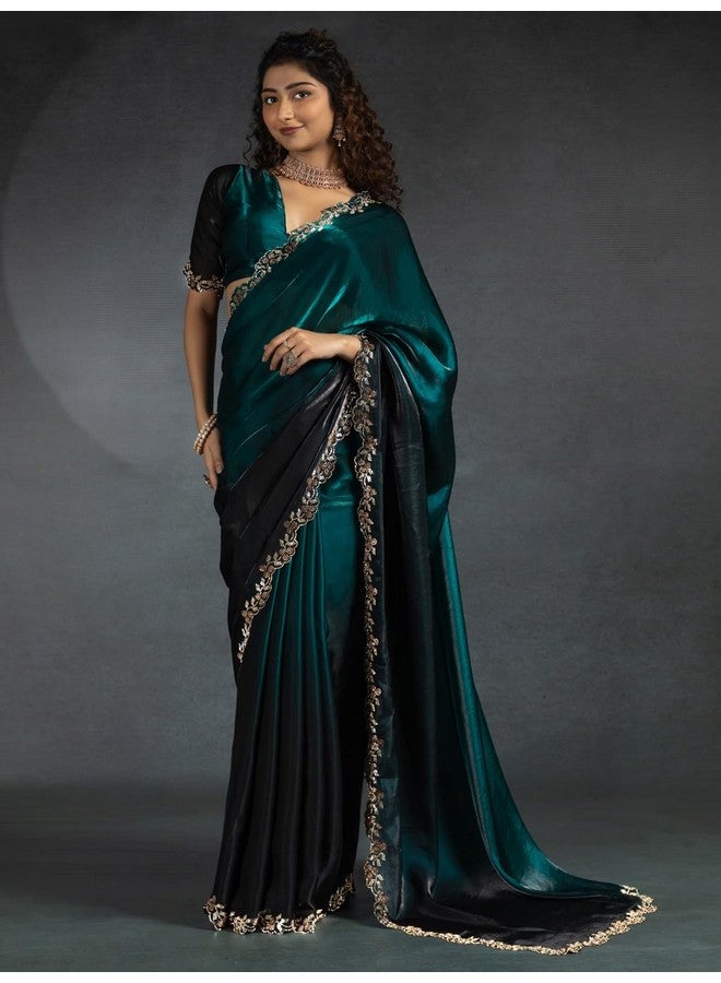 saree mall ساري مول ساري حرير ساتان أخضر مزرق مع قطعة بلوزة غير مخيطة (MORPNKH1161B_MK) - Image 4