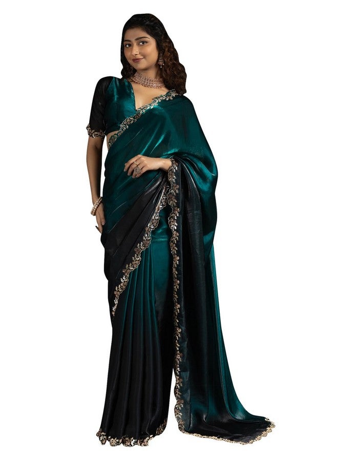 saree mall ساري مول ساري حرير ساتان أخضر مزرق مع قطعة بلوزة غير مخيطة (MORPNKH1161B_MK) - Image 1