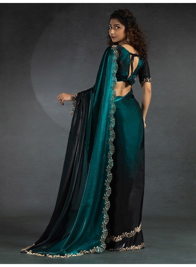 saree mall ساري مول ساري حرير ساتان أخضر مزرق مع قطعة بلوزة غير مخيطة (MORPNKH1161B_MK) - Image 2