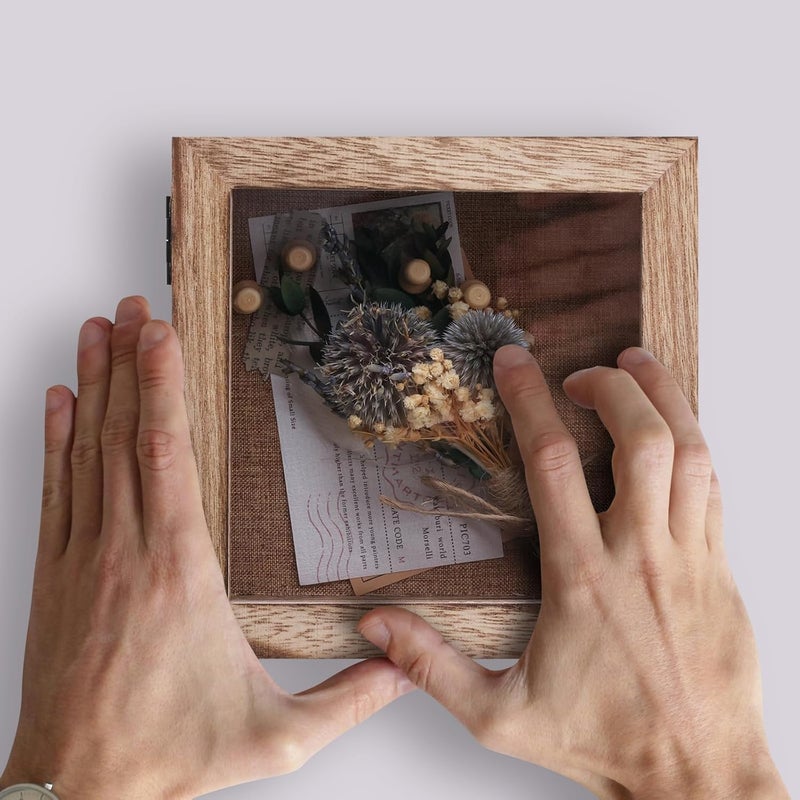 KAASTHAA 5x5 Small Shadow Box Frame Display Case, Magnetic Door, with Linen Back , for Memory Box, CD Frame Display Case, Seashell, Flower, Pictures, Pet Memory Display Box, Wood Pin - Image 4