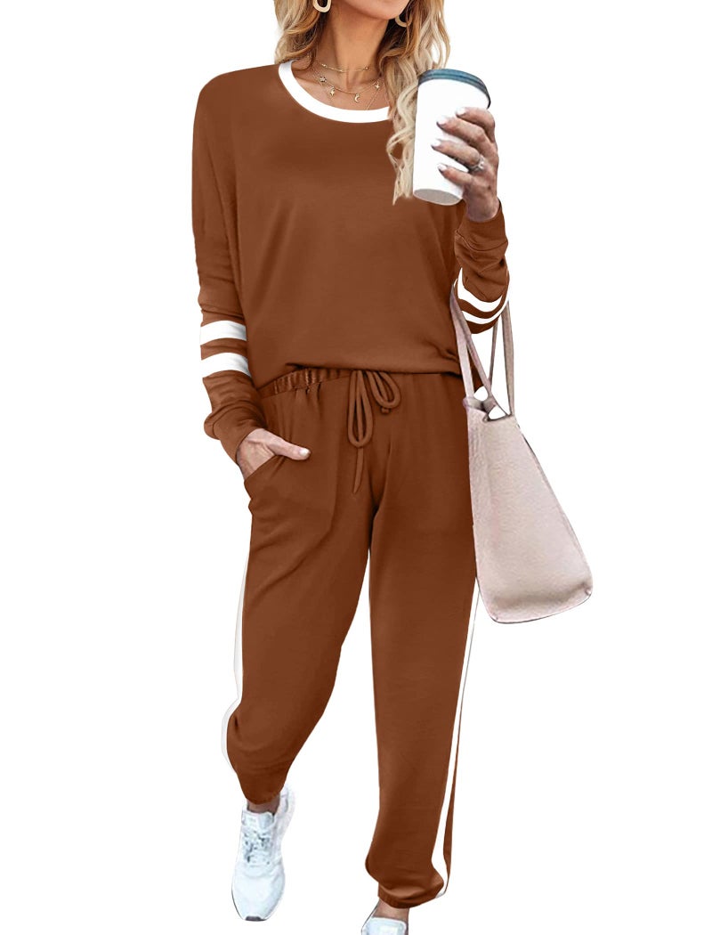 Aloodor Fall Outfits for Womens Country Concert Outfits 2 Piece Sets Festival Outfits Jogging Suits Sets Stripe Sleeve Tops Coffee L - Image 5