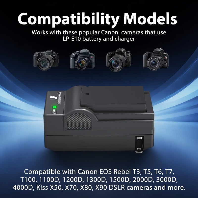 L & P -E10 Battery Charger Pack, 2-Pack Battery & Charger, Compatible with Canon EOS Rebel T7, T6, T5, T3, T100, 4000D, 3000D, 2000D, 1500D, 1300D, 1200D, 1100D &More (Not for T3i T5i T6i T6s T7i) - Image 4
