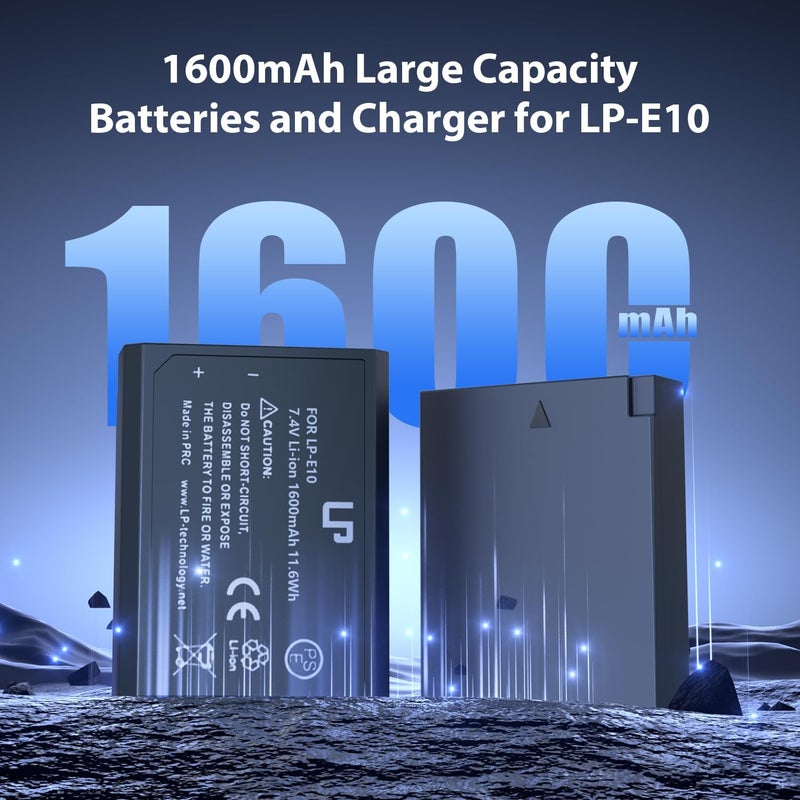 L & P -E10 Battery Charger Pack, 2-Pack Battery & Charger, Compatible with Canon EOS Rebel T7, T6, T5, T3, T100, 4000D, 3000D, 2000D, 1500D, 1300D, 1200D, 1100D &More (Not for T3i T5i T6i T6s T7i) - Image 2