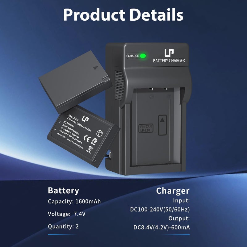L & P -E10 Battery Charger Pack, 2-Pack Battery & Charger, Compatible with Canon EOS Rebel T7, T6, T5, T3, T100, 4000D, 3000D, 2000D, 1500D, 1300D, 1200D, 1100D &More (Not for T3i T5i T6i T6s T7i) - Image 5