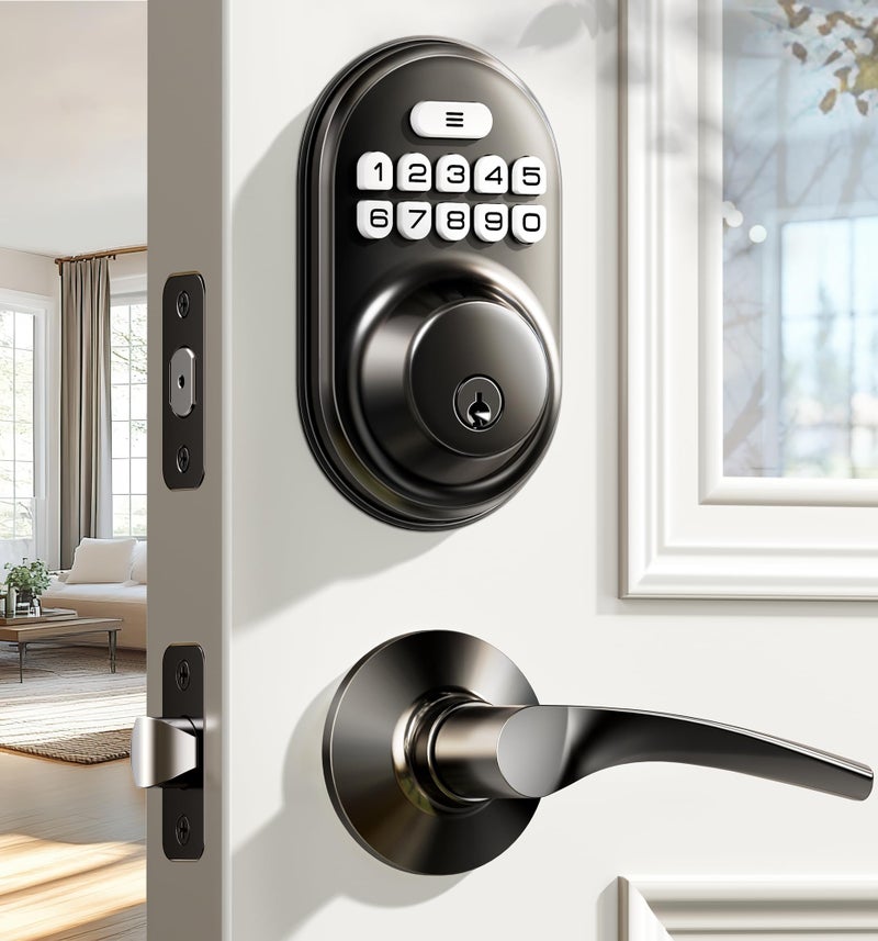Veise Keyless Entry Door Lock with 2 Lever Handles - Electronic Keypad Deadbolt, Auto Lock, Back Lit & Easy Installation Design, Front Door Handle Sets, Matte Black - Image 1
