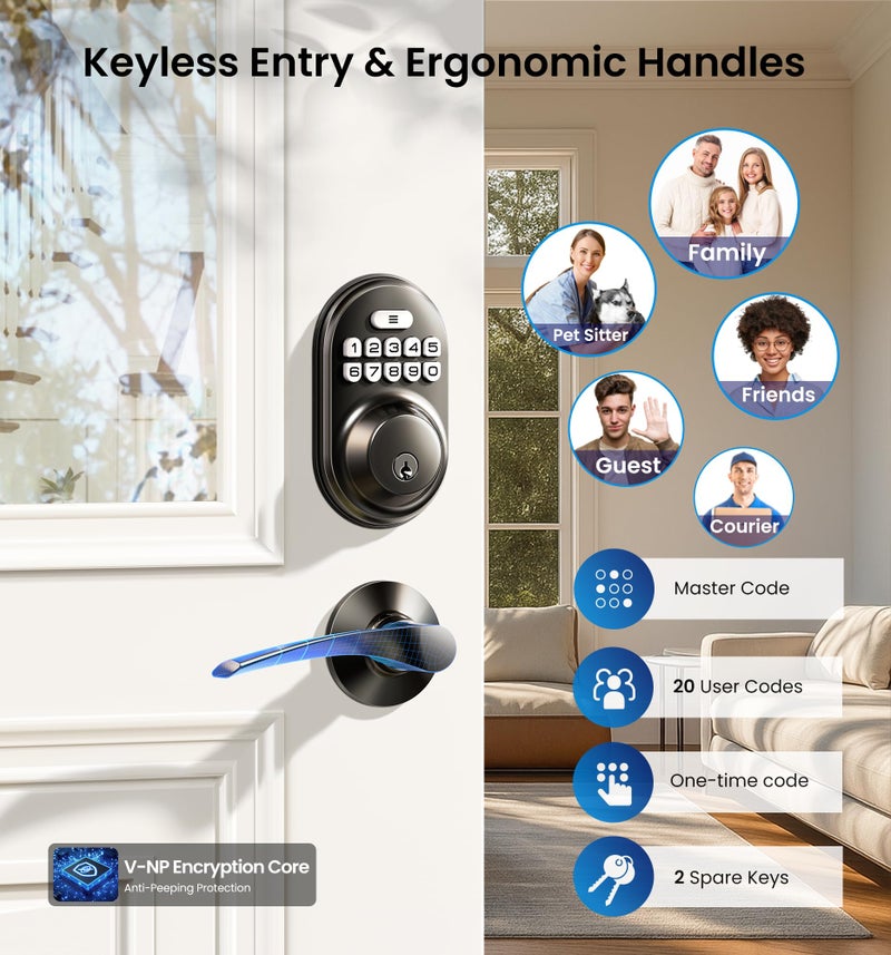 Veise Keyless Entry Door Lock with 2 Lever Handles - Electronic Keypad Deadbolt, Auto Lock, Back Lit & Easy Installation Design, Front Door Handle Sets, Matte Black - Image 2