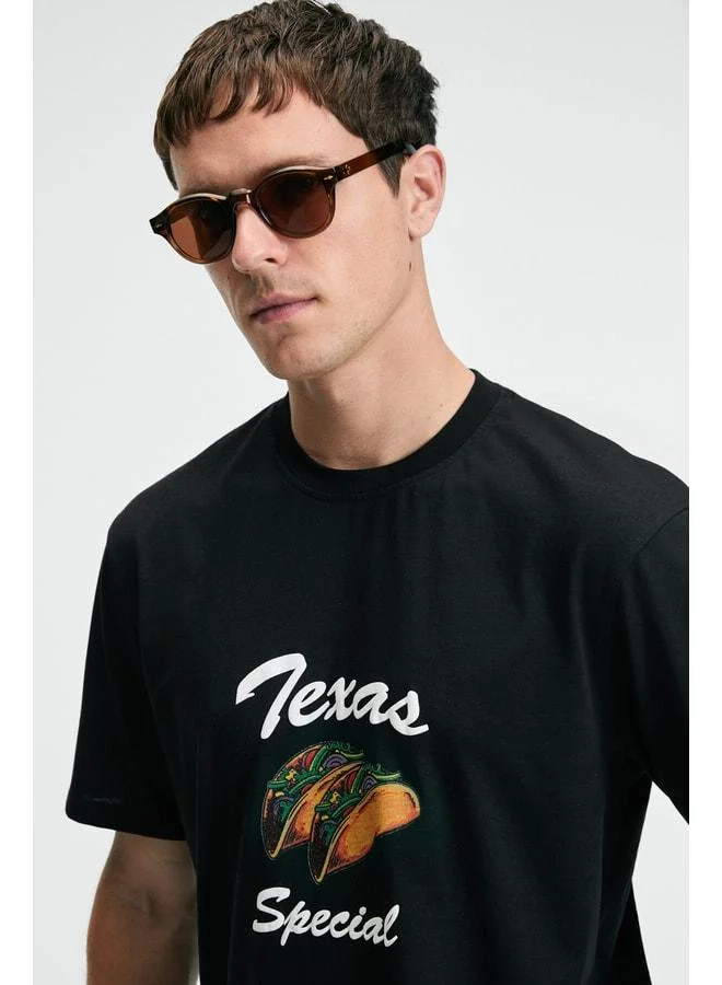 GRIMELANGE CRISP Men's Oversize 100% Cotton Printed Round Neck Black T-Shirt.