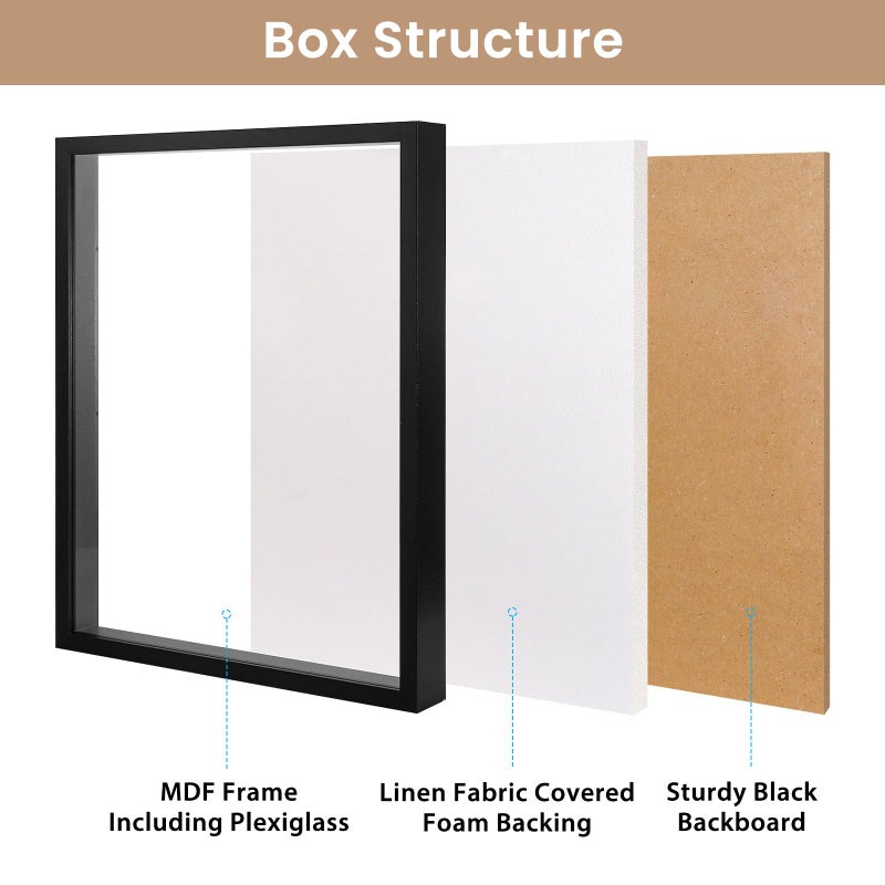Califortree Large 16x20 Shadow Box Frame with Soft Linen Back - Memory Display Case, Shatterproof Plexiglass, 12 Push Pins Included, Black - Image 3