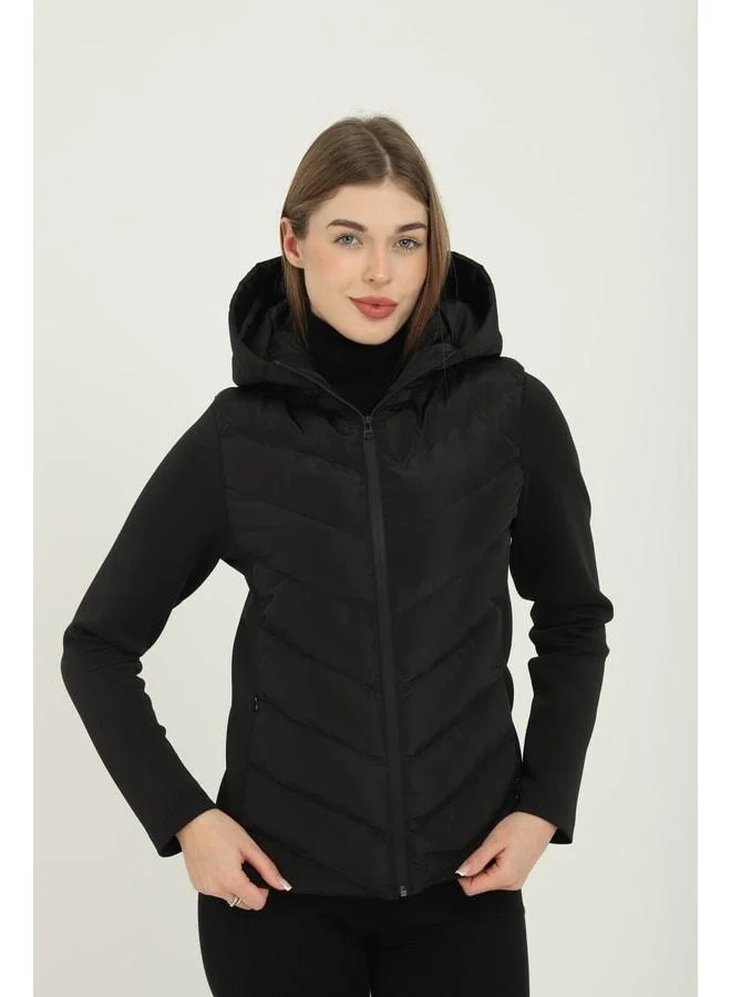 Mmetalic Women’s Black Hooded Pocketed Comfortable Thermal Contrast Puffer Jacket