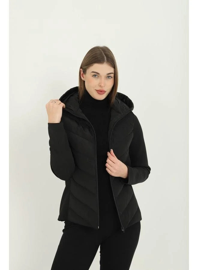 Mmetalic Women’s Black Hooded Pocketed Comfortable Thermal Contrast Puffer Jacket