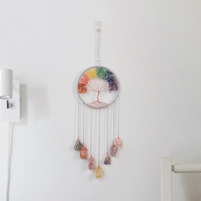 Dreamsum Tree of Life Dream Catchers with Crystal 7 Chakra Gemstone Dream Catchers Color Natural Gem Raw Stone Wall Hangings Room Garden Dreamcatchers Decor(Silver) - Image 3