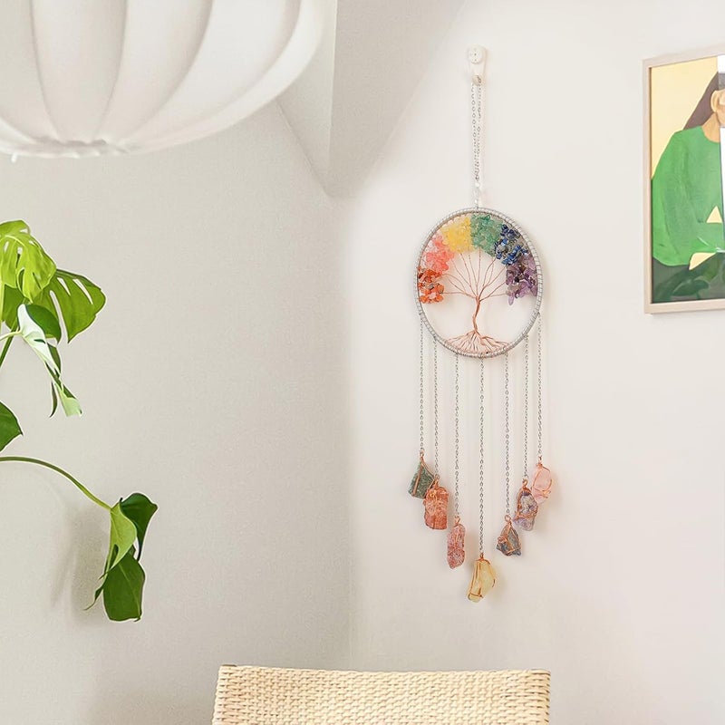 Dreamsum Tree of Life Dream Catchers with Crystal 7 Chakra Gemstone Dream Catchers Color Natural Gem Raw Stone Wall Hangings Room Garden Dreamcatchers Decor(Silver) - Image 4