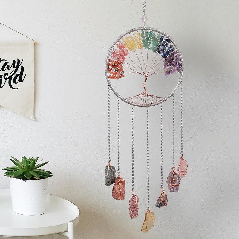 Dreamsum Tree of Life Dream Catchers with Crystal 7 Chakra Gemstone Dream Catchers Color Natural Gem Raw Stone Wall Hangings Room Garden Dreamcatchers Decor(Silver) - Image 2