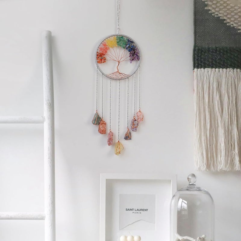 Dreamsum Tree of Life Dream Catchers with Crystal 7 Chakra Gemstone Dream Catchers Color Natural Gem Raw Stone Wall Hangings Room Garden Dreamcatchers Decor(Silver) - Image 5