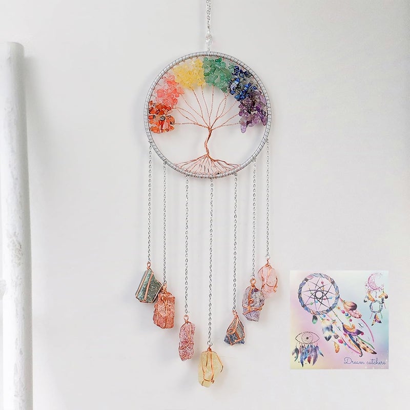 Dreamsum Tree of Life Dream Catchers with Crystal 7 Chakra Gemstone Dream Catchers Color Natural Gem Raw Stone Wall Hangings Room Garden Dreamcatchers Decor(Silver) - Image 1
