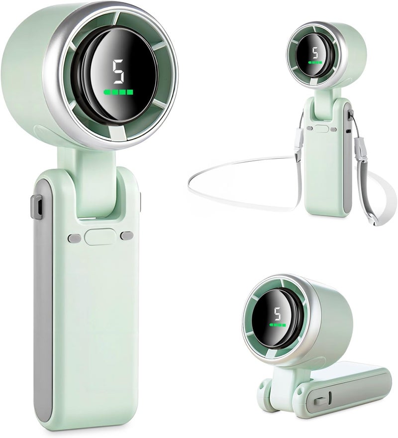 MERTTURM 3 IN 1 Mini Handheld Turbo Fan(12H Standby), Desk/Neck Portable Fan with 5 Super Powerful Wind Speed&Bladeless Motor, Rechargeable Personal Lash Pocket Fan for Travel Makeup Outdoor-Green - Image 1