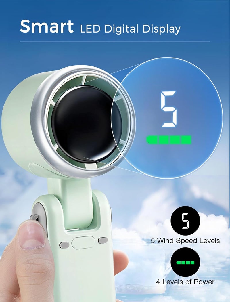 MERTTURM 3 IN 1 Mini Handheld Turbo Fan(12H Standby), Desk/Neck Portable Fan with 5 Super Powerful Wind Speed&Bladeless Motor, Rechargeable Personal Lash Pocket Fan for Travel Makeup Outdoor-Green - Image 5