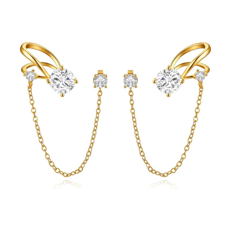 Sonateomber Gold Rhinestone Dangle Ear Cuff Earrings for Women, Trendy Dainty Cubic Zirconia Stud Long Chain Drop Dangling Cartilage Wrap Everyday Prom Accessories Fashion Jewelry Gift - Image 1