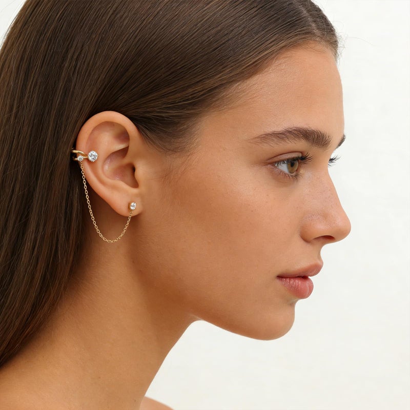 Sonateomber Gold Rhinestone Dangle Ear Cuff Earrings for Women, Trendy Dainty Cubic Zirconia Stud Long Chain Drop Dangling Cartilage Wrap Everyday Prom Accessories Fashion Jewelry Gift - Image 2