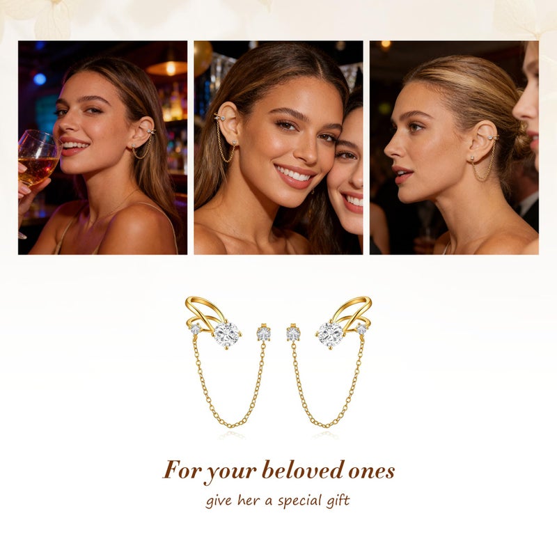 Sonateomber Gold Rhinestone Dangle Ear Cuff Earrings for Women, Trendy Dainty Cubic Zirconia Stud Long Chain Drop Dangling Cartilage Wrap Everyday Prom Accessories Fashion Jewelry Gift - Image 5