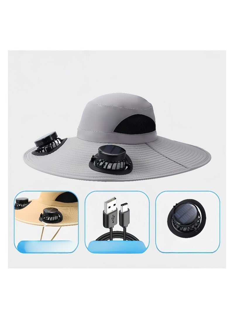 بلو هول قبعة واسعة مع المعجبين بالطاقة الشمسية ، مع مراوح شمسية ، وقبعة شمس الرجال في الهواء الطلق لصيد الأسماك والشاطئ والمشي لمسافات طويلة - Image 2