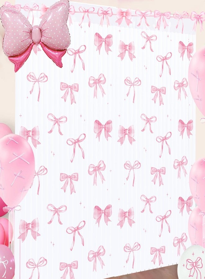 Budicool Pink Bow Tinsel Foil Fringe Curtains Photo Booth Backdrop for Pink Coquette Birthday Party Decorations(2 Pack,3.2 ft x 6.6 ft) - Image 1