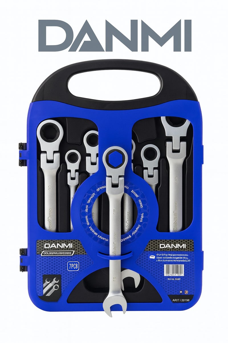 دانمي طقم مفاتيح مشقوفة برأس مسنن مرن 7 قطع من DANMI – رَتْش مرن وقابل للثني – مع حقيبة حمل – المقاسات 8/10/12/13/14/17/19 مم – ART:121098 - Image 1