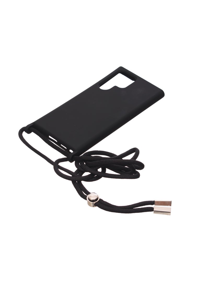 Silicone Back Phone Protection Cover With Fabric Strap And Safety Edges For Samsung Galaxy S22 Ultra - Black  - Image 1