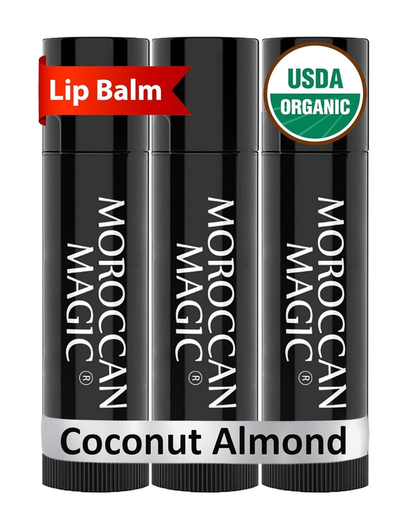 Moroccan Magic Organic Coconut Almond Lip Balm 3 Pack UltraHydrating Argan Essential Oil Lip Moisturizer Vitamin E Natural Chapstick for Dry Lips Smooth NonToxic Organic Lip Balm
