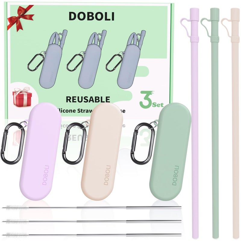 Doboli Reusable Straws with Case,12 inch Long Silicone Reusable Straws with Case, Portable Straw Foldable Drinking Travel Straw, Compatible with Stanley Owala 40 oz 30 oz Cup Tumbler 3 Set - Image 1