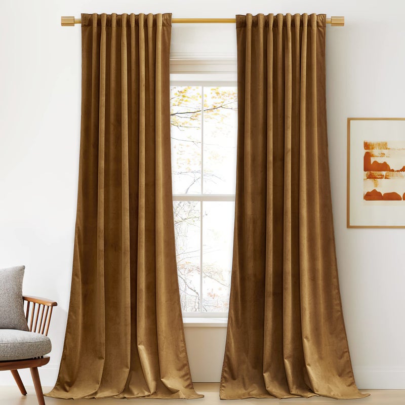 StangH Gold Brown Velvet Curtains 96 inches Long for Living Room, Luxury Back Tab Heavy Blackout Thermal Insulated Privacy Window Drapes for Bedroom/Sliding Door/Hall, W52 x L96, 2 Panels - Image 1