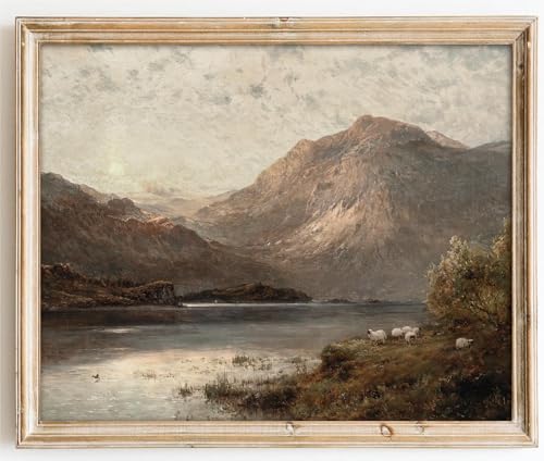 Kizbok Vintage Landscape Wall Art, Vintage Art Prints for Wall Decor Scotland Highland Mountain Sheep Lake Canvas Painting Pictures for Cozy Bedroom Decor, Bathroom Decor Wall Art(8" x 10"-UNFRAMED) - Image 1
