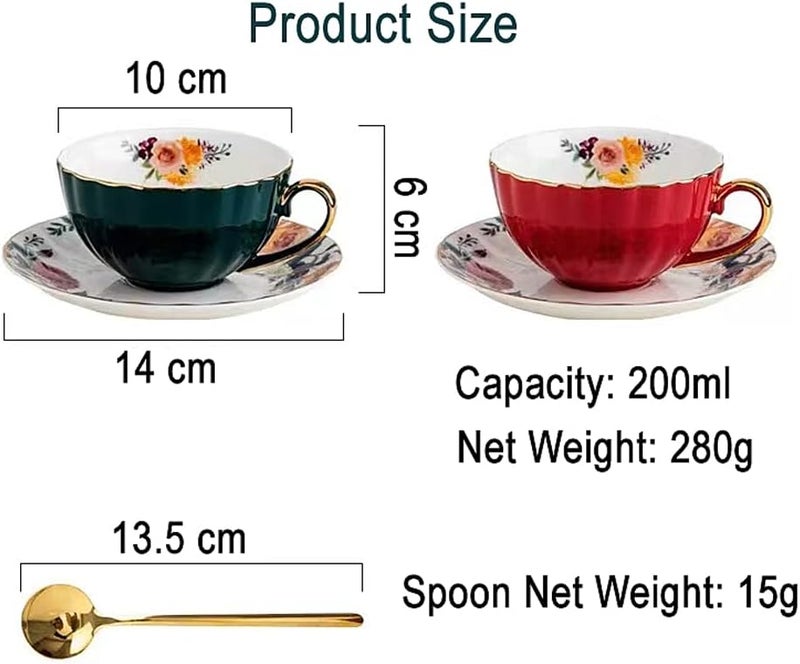 Rain House Porcelain Tea Cup with Saucers and Spoon 2 Sets of 8 Oz Floral Coffee Mug with Gold Trim Holder Royal Ceramic Teacup Set Espresso Latte Mugs for Wedding Birthday Party Table Supplies Red  Green - Image 5